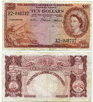 БРИТАНСКИЕ КАРИБСКИЕ ТЕРРИТОРИИ 10 ДОЛЛАРОВ 1959 Pick 10 b бумага 451-254-1