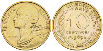 ФРАНЦИЯ 10 САНТИМОВ 1969 ТИП MARIANNE KM 929 медь алюминий никель 112-559