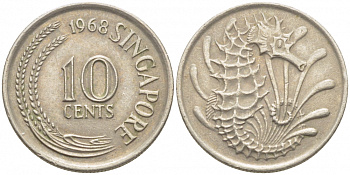 Сингапур 10 центов 1968 морской конек KM 3 медно-никель 105-1256