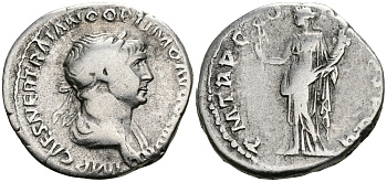 Римская Империя денарий 114 - 117 Траян PM TR P COS VI PP SPQR Фелицитата, персонификация Счастья Рим Very fine RIC 343 серебро 1073-4-3-3