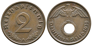 Германия 2 рейхспфеннига 1939 A KM 90, J. 362 бронза 176-1216