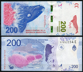 Аргентина 200 песо 2016 серия E, южный кит, полуостров Вальдес Pick 364 (1)  бумага  UNC (пресс) 448-120-3