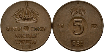 Швеция 5 эре 1954 Густав VI Адольф (1950-1973) KM 822 бронза 4156-234