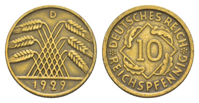 Германия 10 рейхспфеннигов 1929 D KM 40, J. 317 алюминиевая бронза 4549-726