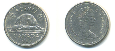 Канада 5 центов 1987 Елизавета II (1952-2022), бобер KM 60.2 a медно-никель 177-1241