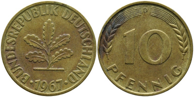 ФРГ 10 ПФЕННИГОВ 1967 D KM 108, J.383 сталь плакированная латунью 98-417
