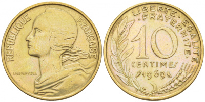 ФРАНЦИЯ 10 САНТИМОВ 1969 ТИП MARIANNE KM 929 медь алюминий никель 112-559