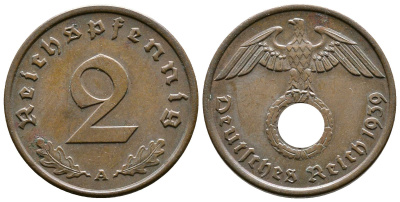 Германия 2 рейхспфеннига 1939 A KM 90, J. 362 бронза 176-1216