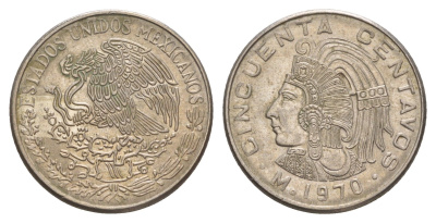 Мексика 50 сентаво 1970 Куаутемок, последний правитель империи ацтеков KM 452 медно-никель 4656-1212