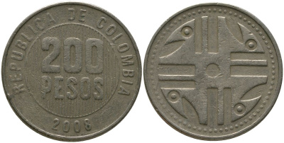 Колумбия 200 песо 2008 KM 287.4, Schon 113, Restrepo 446 никель латунь 4538-352