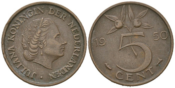 Нидерланды 5 центов 1950 Юлиана (1948-1980) KM 181 бронза 4621-448