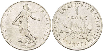 ФРАНЦИЯ 1 ФРАНК 1977 СЕЯТЕЛЬ KM 925.1, LE FRANC 226.22 никель 4519-836