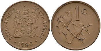 ЮАР 1 ЦЕНТ 1980 ГЕРБ, КАПСКИЕ ВОРОБЬИ KM 82 бронза 4588-1261