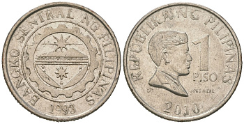 Филиппины 1 писо 2010 KM 269a сталь плакированная никелем 4619-621