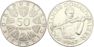 Австрия 50 шиллингов 1967 100 лет Дунайскому вальсу KM 2902 серебро UNC 00-00