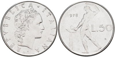 Италия 50 лир 1978 R, бог огня Вулкан у наковальни KM 95.1 нержавеющая сталь    4116-352