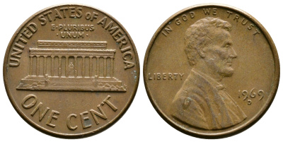 США 1 цент 1969 D, Авраам Линкольн KM 201 медь цинк 3458-137