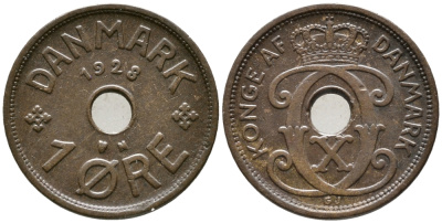 ДАНИЯ 1 ЭРЕ 1928 N; GJ, КРИСТИАН X (1912-1947) KM 826.2 бронза 100-639