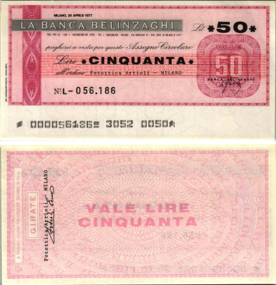 Италия 50 лир 1977 26 апреля 1977 La Banca belinzaghi, Milano бумага UNC (пресс) 7220-48-2-1