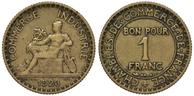 Франция 1 франк 1923 тип Chambres de Commerce KM 876, Le Franc 218.5 алюминиевая бронза 4128-311