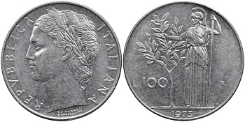 Италия 100 лир 1973 R, Афина в доспехах KM 96.1 нержавеющая сталь 4165-221