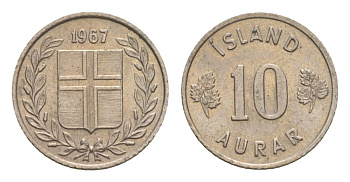 Исландия 10 эйре 1967 KM 10 медно-никель UNC 4632-936