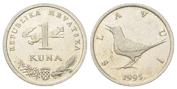 Хорватия 1 куна 1995 западный соловей, легенда на хорватском KM 9.1 медь цинк никель 4625-523