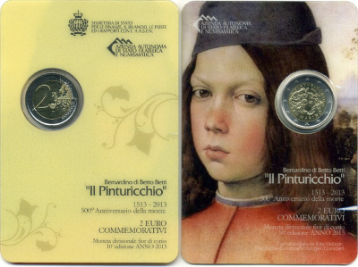 САН-МАРИНО 2 ЕВРО 2013 500 ЛЕТ ПУНТУРИККИО, в оригинальном блистере KM биметалл UNC 6-1-35
