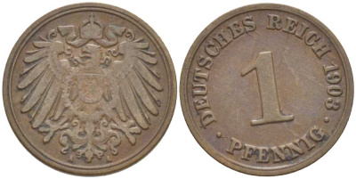 ГЕРМАНИЯ 1 ПФЕННИГ 1903 A KM 10, J. 10, Weege 2 медь 211-267