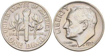 США 10 ЦЕНТОВ = 1 ДАЙМ 1977 РУЗВЕЛЬТ KM 195a медь плакированная медно-никелем 188-431