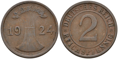 Германия 2 рейхспфеннига 1924 G KM 38, J. 314 бронза    4596-312