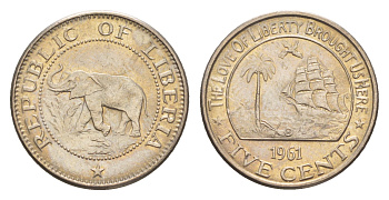 Либерия 5 центов 1961  KM 14 медно-никель  aUNC  4659-436