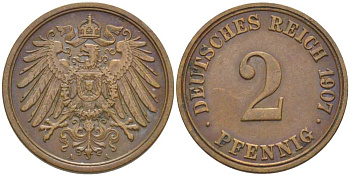 ГЕРМАНИЯ 2 ПФЕННИГА 1907 A KM 16, J. 11, Weege 4 медь 206-533