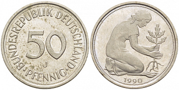 ФРГ 50 ПФЕННИГОВ 1990 J KM 109.2 медно-никель 26-657