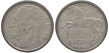 Норвегия 1 крона 1961 Улаф V (1957-1991), лошадь KM 409 медно-никель 4128-1222