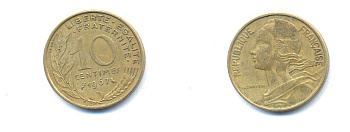 ФРАНЦИЯ 10 САНТИМОВ 1967 ТИП MARIANNE KM 929 медь алюминий никель 4379-568