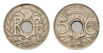 Франция 5 сантимов 1936 KM 875 медно-никель 4651-856