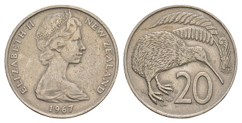 Новая Зеландия 20 центов 1967 Елизавета II (1952-2022), птичка киви KM 36 медно-никель 4650-754