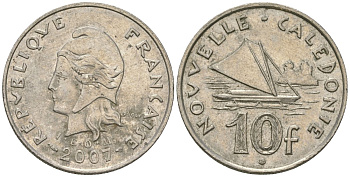 Французская Новая Каледония 10 франков 2007 рыбачья парусная лодка, (IEOM) KM 11a, Schoen 13a, Lec 99k медно-никель 56-1421