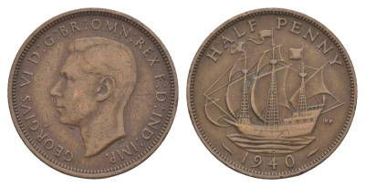 Великобритания 1/2 пенни 1940 Георг VI (1936-1952) KM 844, Spink 4115 бронза 4642-433