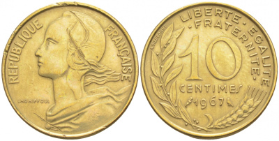 ФРАНЦИЯ 10 САНТИМОВ 1963 ТИП MARIANE KM 929, LE FRANC 144.3 алюминиевая бронза 44-962