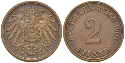 ГЕРМАНИЯ 2 ПФЕННИГА 1907 A KM 16, J. 11, Weege 4 медь 206-533