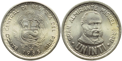Перу 1 инти 1985 LIMA, Мигель Грау KM 296 медно-никель UNC 176-1037