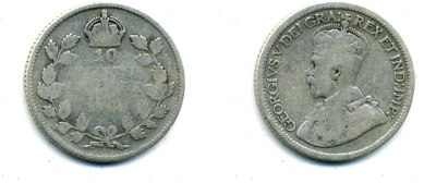 КАНАДА 10 ЦЕНТОВ 1914 ГЕОРГ V серебро 46-1112