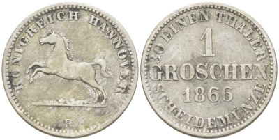 Брауншвейг-Каленберг-Ганновер 1 грош 1866 В, Георг V (1851-1866) KM 236, Jaeger 93, AKS 149 серебро 206-338