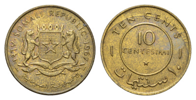 Сомали 10 чентезимо 1967 год-тип KM 7 латунь UNC 4678-213