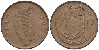 Ирландия 1 пенни 1976 мифологическая птица лира KM 20 бронза 4146-423