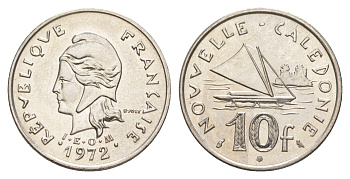 Французская Новая Каледония 10 франков 1972 лодка KM 11 никель UNC 4641-211