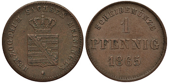 САКСЕН-МАЙНИНГЕН 1 ПФЕННИГ 1865 KM 170, Jaeger 447, AKS 218 медь 00-00