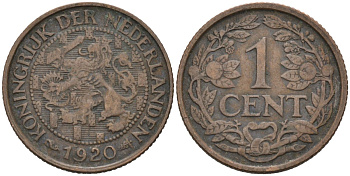 Нидерланды 1 цент 1920 Вильгельмина (1890-1948) KM 152 бронза 4576-727